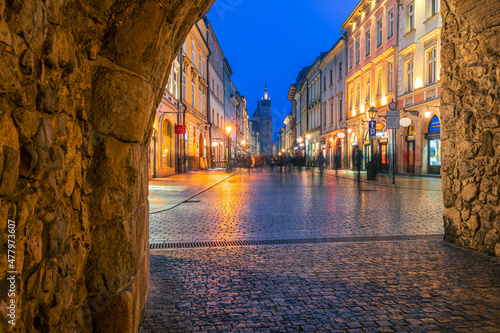Krakow Poland December 17, 2021; The architecture of the city of Kraów in the evening time. photo