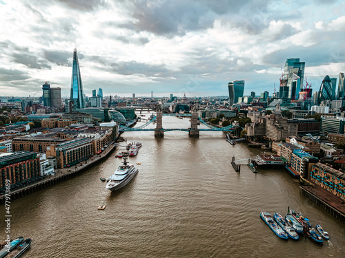 Aerial view of the Tower Bridge in London. One of London s most famous bridges and must-see landmarks in London. Beautiful panorama of London Tower Bridge.