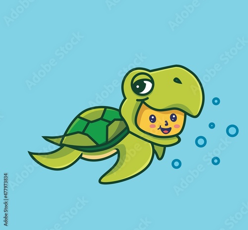 cute baby turtle costume swimming bubbles. cartoon animal nature concept Isolated illustration. Flat Style suitable for Sticker Icon Design Premium Logo vector. Mascot Character