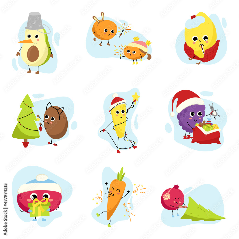Fototapeta premium Big set of fruit characters. Fruits, berries and vegetables on winter vacation. Collection of mascots for greeting cards, Christmas and New Year promotions. Holiday household chores.