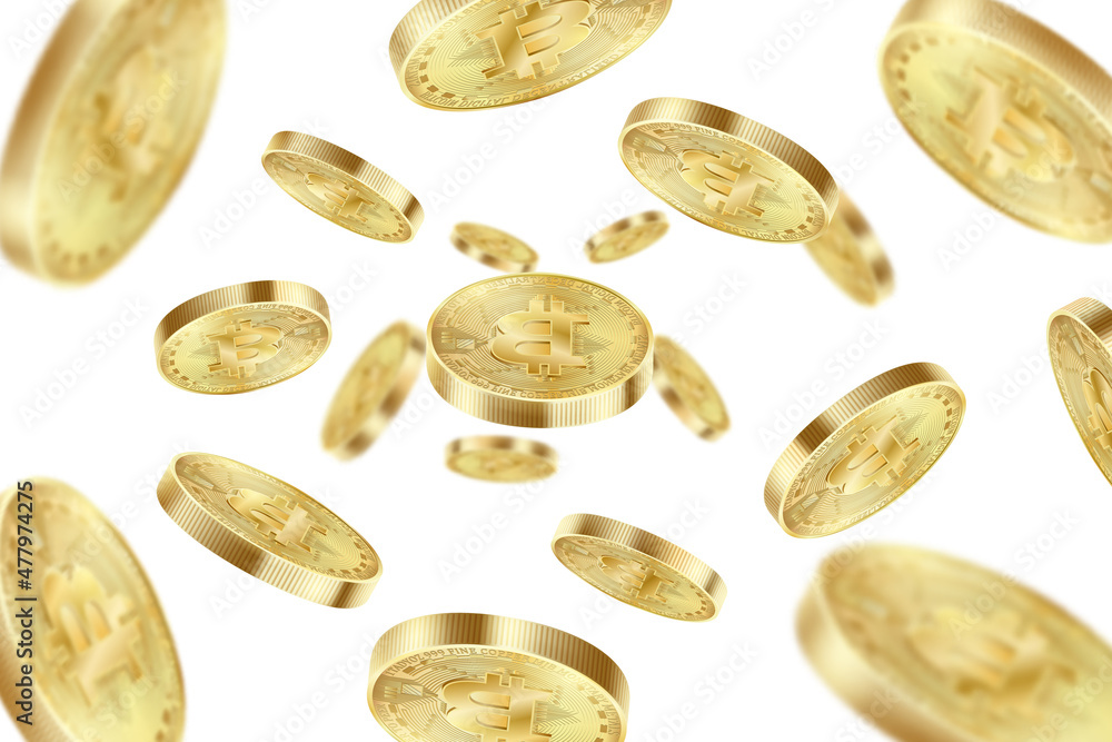 Bitcoin coins flying isolated on a white background. Bitcoin virtual cryptocurrency explosion. Realistic 3d Vector illustration. Bitcoin coins flying isolated on a white background. Bitcoin virtual cryptocurrency explosion. Realistic 3d Vector illustration.