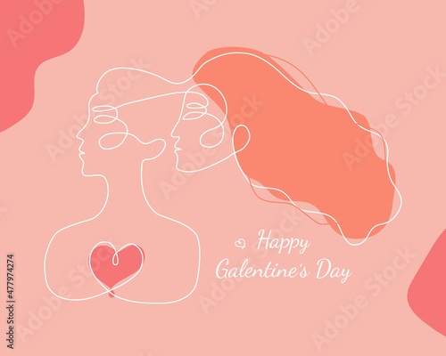 Happy Galentine's Day design whith two woman faces abstract one continuous line portrait. Modern minimalist style illustration, suitable for greeting cards, poster, prints