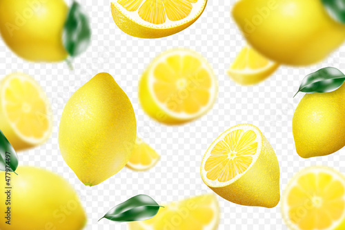 Flying whole and sliced lemons with blur effect in the background. Realistic 3d vector on a white background