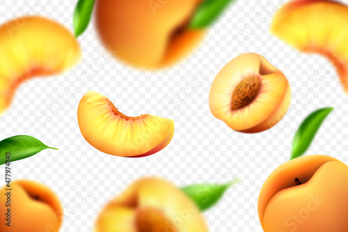 Flying peaches on white background. Vector 3d realistic illustration with blur effect