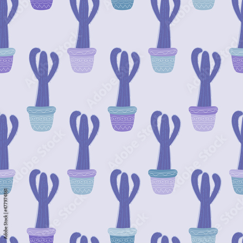 seamless pattern cacti cereus of very peri color in pots with ethnic white pattern. color of the year 2022