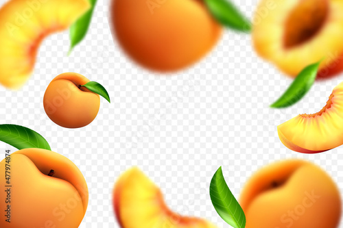 Fototapeta Naklejka Na Ścianę i Meble -  Flying peaches on white background. Vector 3d realistic illustration with blur effect