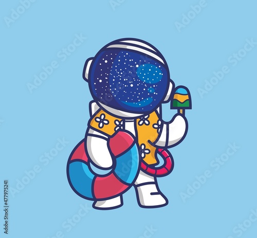 cute astronaut holding lifebuoy eat ice cream. cartoon travel holiday vacation summer concept Isolated illustration. Flat Style suitable for Sticker Icon Design Premium Logo vector. Mascot Character