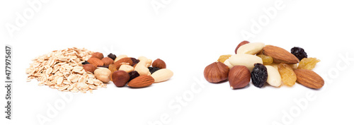 Mix nuts, raisins and oatmeal isolated on white background