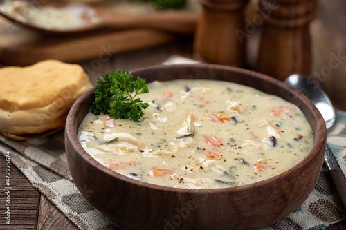 Bowl of creamy chicken and rice soup