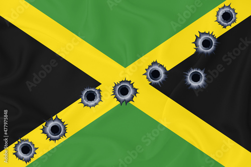 Jamaica flag Close-up shot on waving background texture with bullet holes. The concept of design solutions. 3d rendering