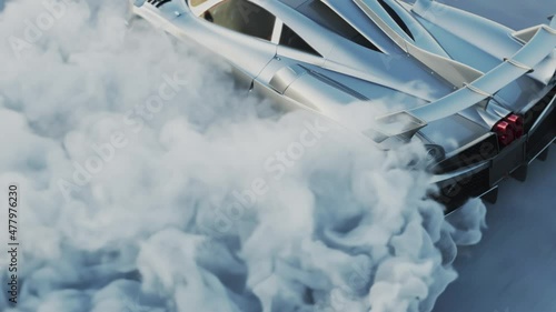 Race drift car burning tires on track. Sport car drifting with smoke. 3d animation photo