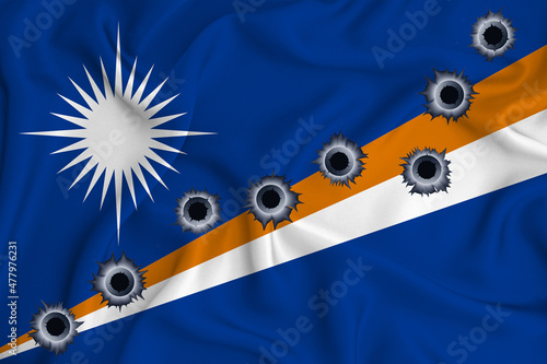 Marshall  flag Close-up shot on waving background texture with bullet holes. The concept of design solutions. 3d rendering