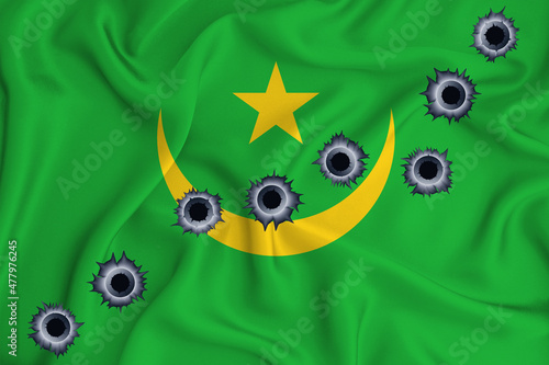 mauritania flag Close-up shot on waving background texture with bullet holes. The concept of design solutions. 3d rendering