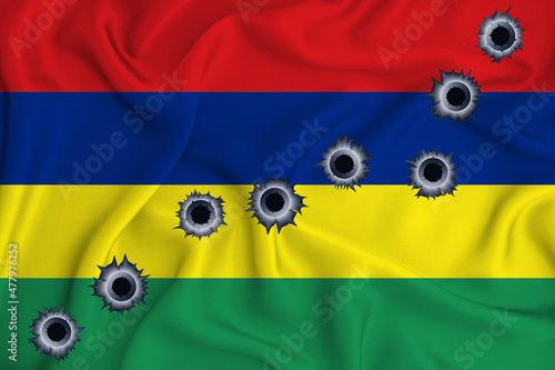 Mauritius flag Close-up shot on waving background texture with bullet holes. The concept of design solutions. 3d rendering