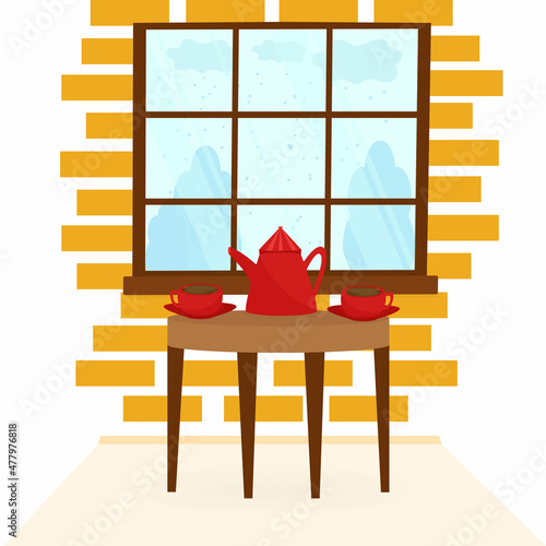 living room with a table with hot coffee or tea and a window with a winter landscape. Flat vector illustration in cartoon style.