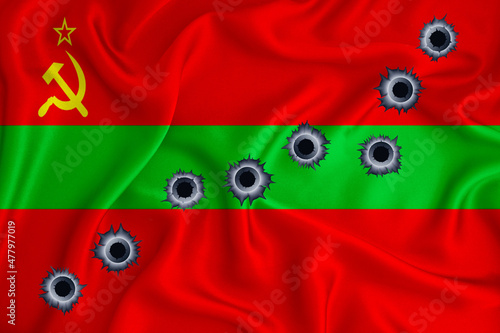 Transnistria flag Close-up shot on waving background texture with bullet holes. The concept of design solutions. 3d rendering