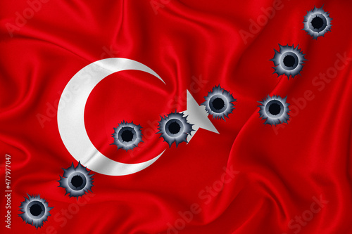 Turkey flag Close-up shot on waving background texture with bullet holes. The concept of design solutions. 3d rendering
