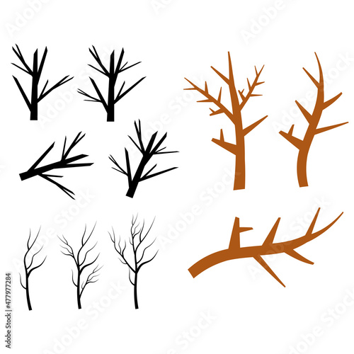 Bare tree branch silhouettes. Leaves, swirls and floral elements