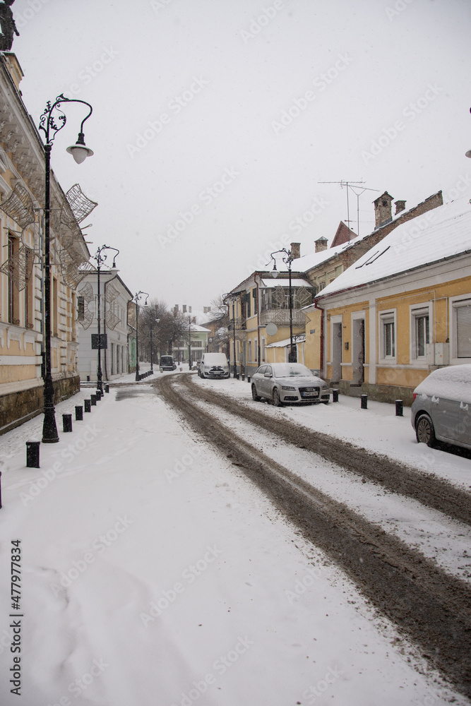Street to the park in December. Bistrita, Romania, 2021 