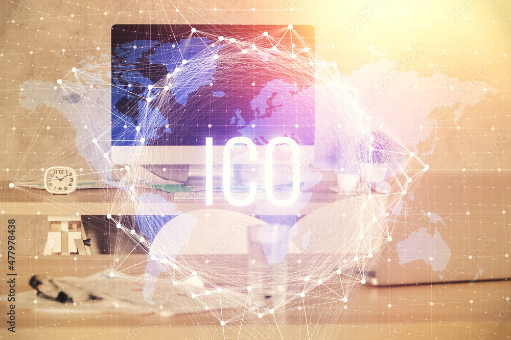 Double exposure of crypto technology theme drawing and office interior background. Concept of blockchain. Double exposure of crypto technology theme drawing and office interior background. Concept of blockchain.