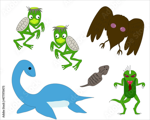 河童、チュパカブラ、ネッシー、ツチノコ、モスマンモンスターのイラスト