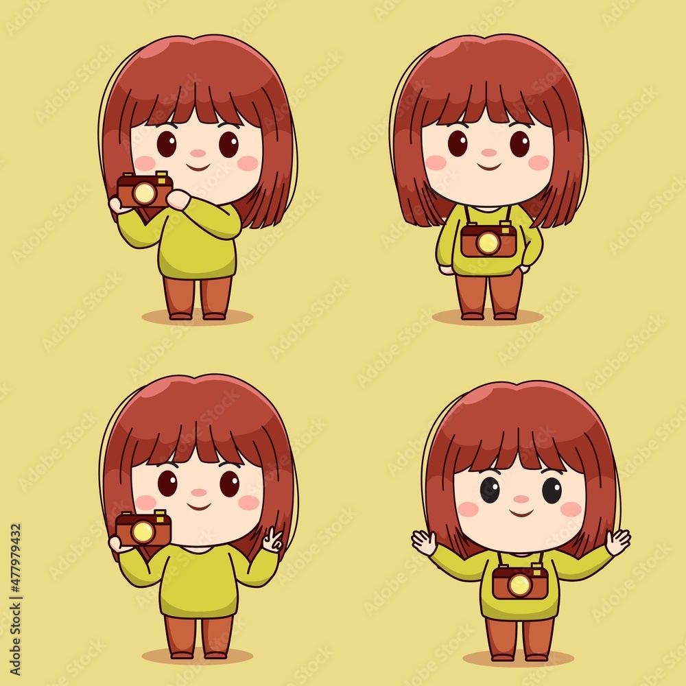 Set of kawaii girl with camera chibi cartoon character illustration Set of kawaii girl with camera chibi cartoon character illustration
