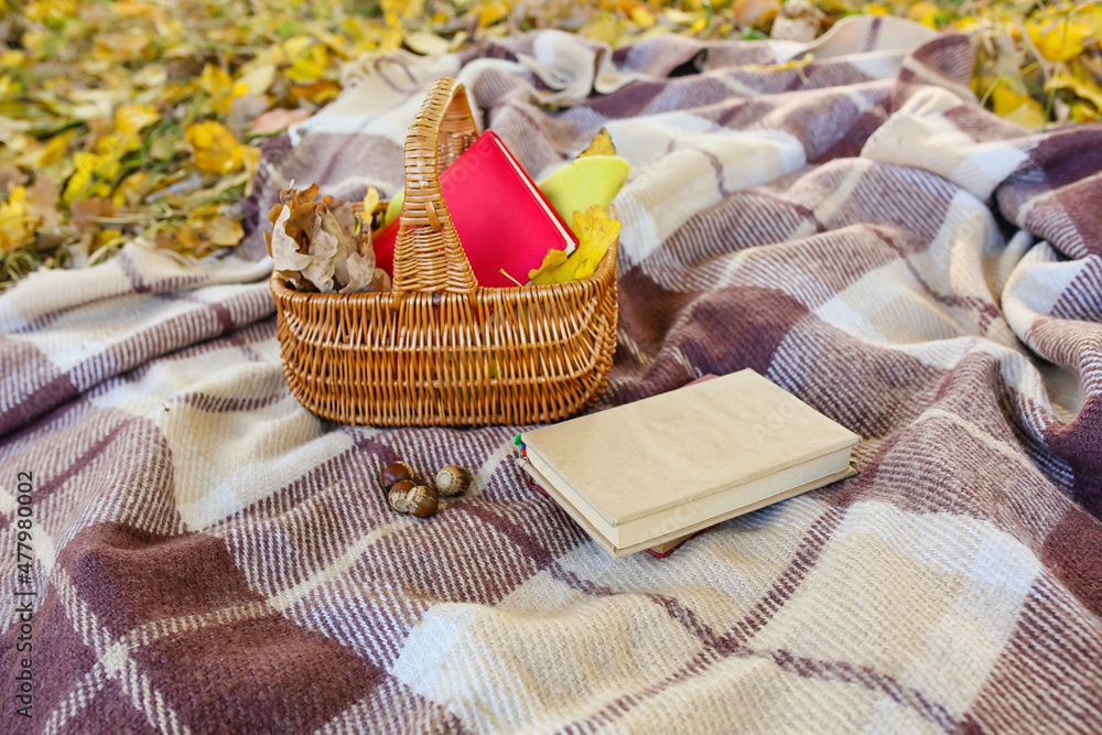 Wicker basket, books and autumn leaves on plaid