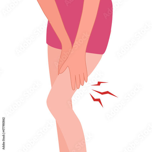 Leg pain concept vector illustration on white background. Young woman feel hurt in leg. Bone or muscle problem.