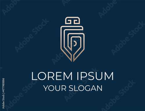 Close up of bronze feather. Pen icon. Logo for business or law firm.