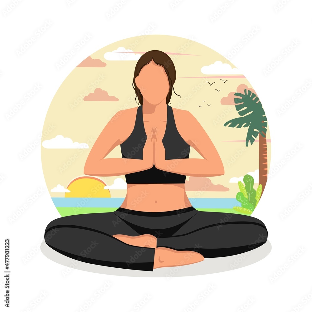Yoga class in nature. Character in lotus pose doing yoga. The beach. Sun and water. The ocean. Palm trees and plants. The picture of nature in the background. Rest. Treatment. Work. Freelance. Vector.