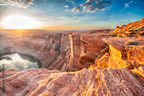 Panoramic view of Horseshoe Bend at sunset, Arizona.