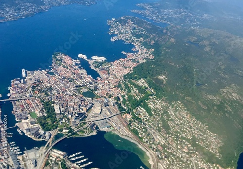 aerial view of Bergen sea Fjord mountains Norway