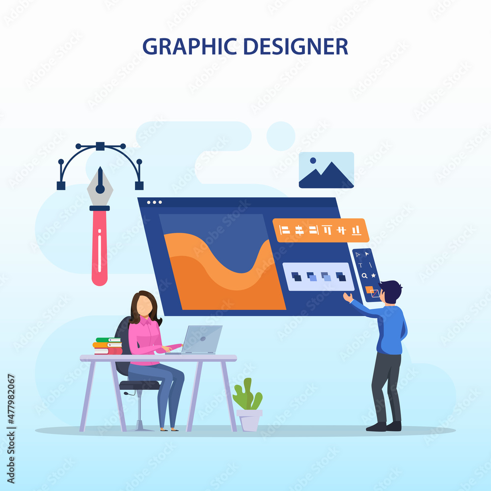 Graphic design concept. Digital designers team drawing with pen on computer monitor. Flat vector template style Suitable for Web Landing Pages.