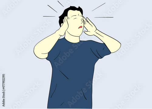 A man who has a headache. Hand drawn style vector design illustrations photo