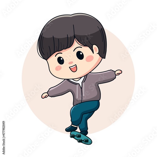 Illustration of a cute boy with a skateboard kawaii character design