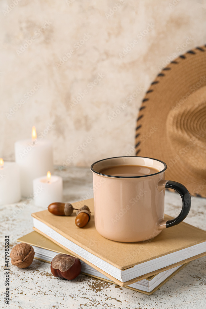Cup of tasty coffee and books on light background Cup of tasty coffee and books on light background