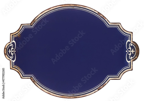 Old blank navy blue grunge enameled plate isolated on white background. Including clipping path