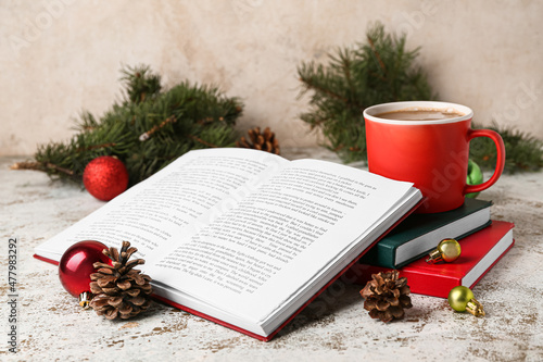 Cup of tasty coffee, books ...