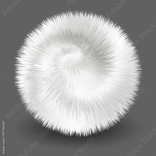 Furry white pompom, 3d ball with fuzzy fur texture. Fluffy winter bubble, isolated element. Vector illustration