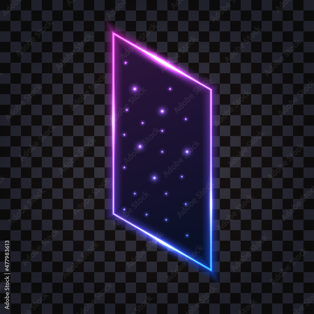 Neon gate, portal to galaxy space, isometric view. Light glowing effect, purple neon door or window frame, star nebula in opening, dark night sky. Isolated element, vector illustration