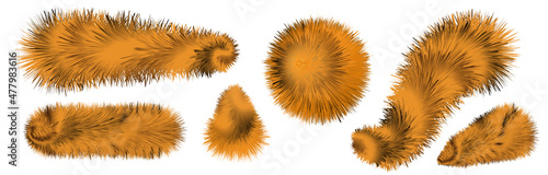 Fur brushes, pompoms and ball, fuzzy hair texture. striped orange and black tiger and for fluffy fuzzy fur. isolated objects, vector illustration