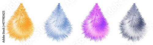Fur pompoms, fuzzy colorful 3d elements, drop shapes, furry texture. Set of abstract  isolated objects, vector illustration