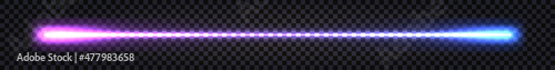 Neon laser beam, glowing streak with light thunder bolt effect. Purple and blue ray line with electric flash explosion.Techno futuristic impulse line isolated. Vector illustration