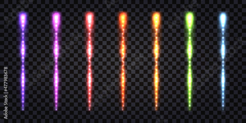 Neon glowing sticks, laser beams with light thunder bolt effect. iridescent rainbow colors, cyber energy tubes, flying sparkles and flash explosion. Magic wand or rod. vector illustration