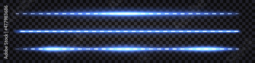 Blue laser beams with neon glowing light effect. Luminous ray lines with thunder bolt flash. Shiny border design, futuristic streaks isolated. Vector illustration