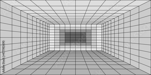 3d room corner with perspective grid. interior wireframe lines, virtual reality background, tech design, wall and floor tile grid withone point  perspective view. Vector illustration