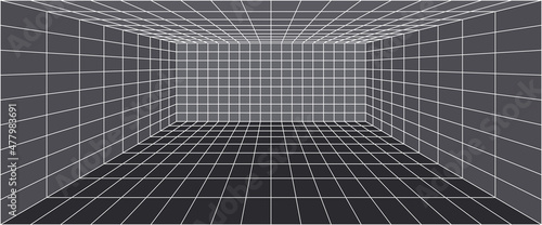 3d room perspective grid  Background for interior design, virtual reality wireframe , walls, floor and ceiling tile grid lines. Vector illustration