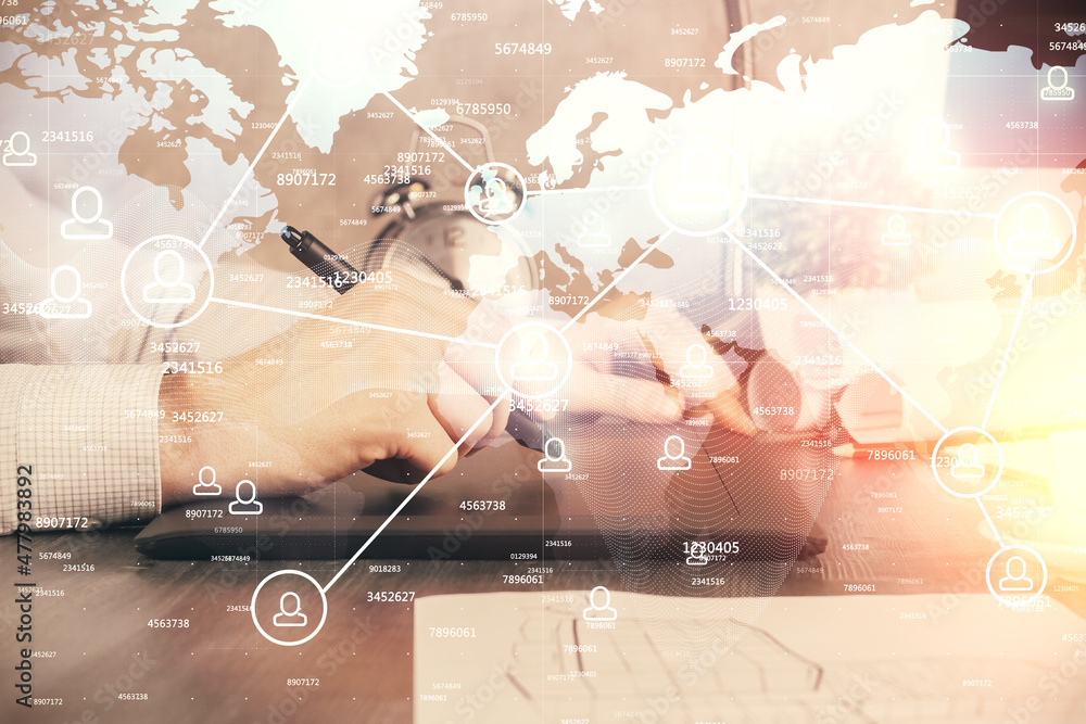 Double exposure of man's hands holding and using a phone and social network theme drawing. Double exposure of man's hands holding and using a phone and social network theme drawing.