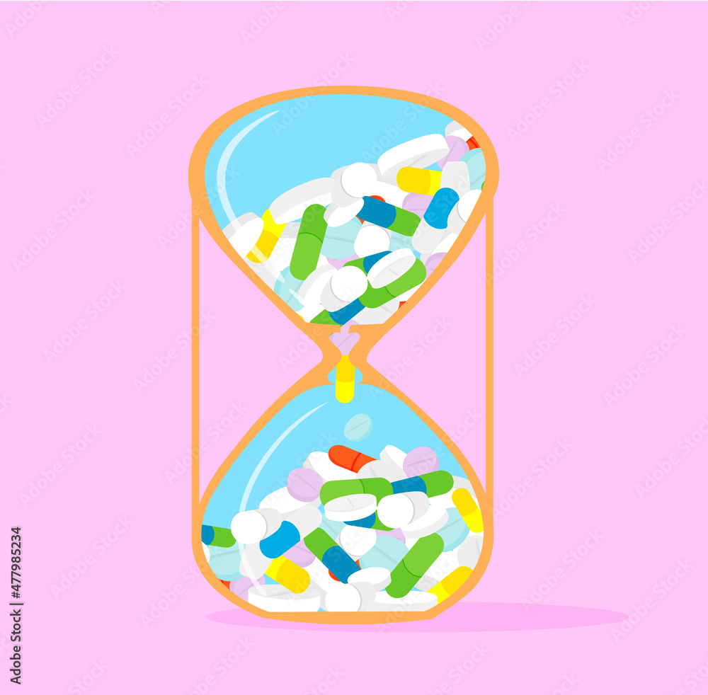 sand glass filled up with pills/ medication - obrazy, fototapety, plakaty 