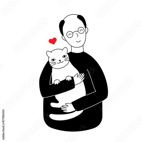 Grandfather hugs a cat, vector illustration in flat style. Old man and his animal pet